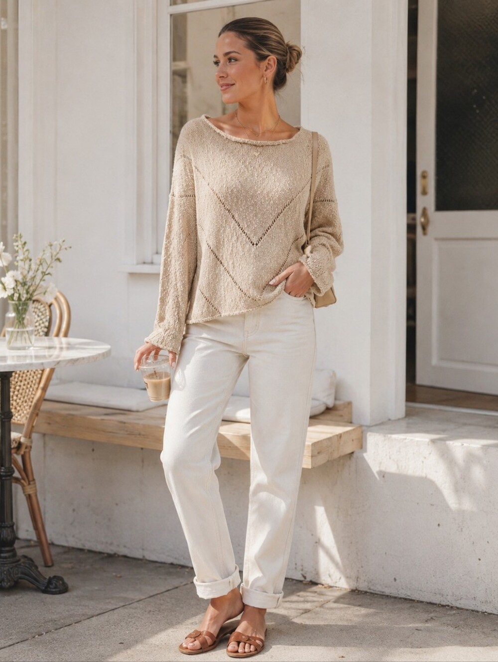 HEYSON Beige Textured Knit Sweater | Size M